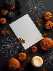 Halloween Card Mockup with Fall Leaves, Pumpkins,  and Rustic Background