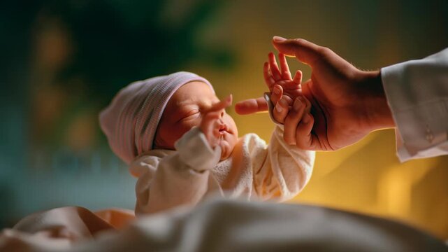Parent gently cradles newborn's tiny hand in warm light, creating intimate atmosphere filled with love. Cozy setting evokes feelings of family and connection.