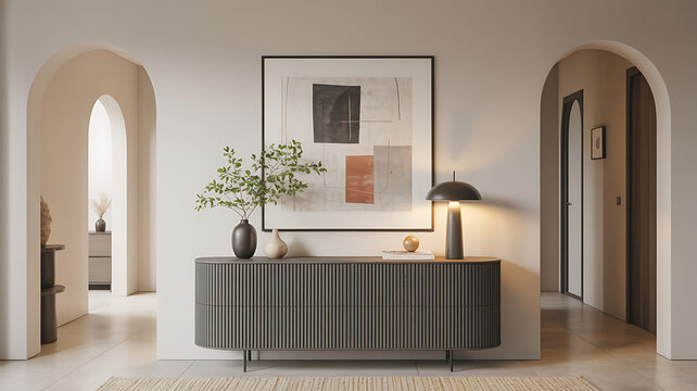 Modern minimalist entryway with art, console table, and lamp.
