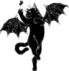 Black kitten with wings hunting butterfly