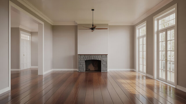 Empty room with a fireplace and hardwood floors.
