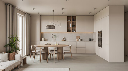Fototapeta premium Neutral-toned kitchen with wooden accents and minimalist design. 