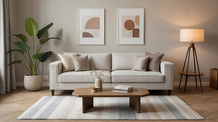 Fototapeta premium Beige sofa and coffee table in a modern living room. 
