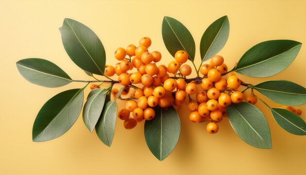 vibrant cluster of orange berries with green pinnate leaves arranged on branch against soft yellow background evoking natural texture and color