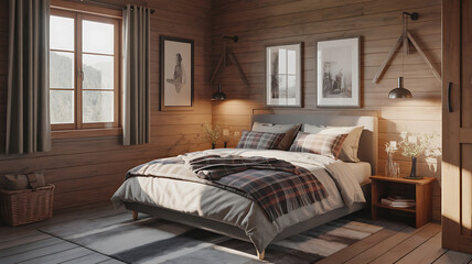 Fototapeta premium Cozy bedroom with wooden walls, a bed, and warm lighting. 