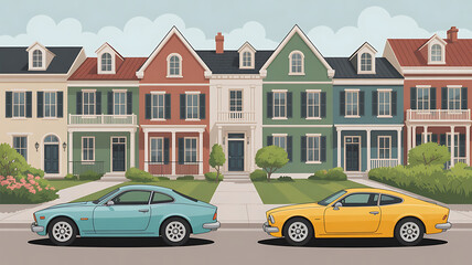 Colorful houses line a street with a teal and yellow car.
