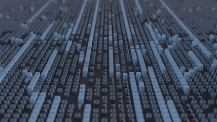 Binary code cubes arranged in rows, a digital landscape.
