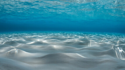 Crystal-clear underwater scene; light reflecting on white sand.
