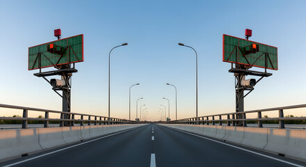 Empty Highway Stretch At Dusk With Traffic Monitoring And Surveillance Infrastructure