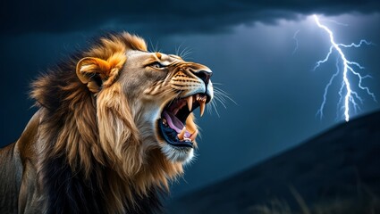 Fototapeta premium Roaring lion with lightning storm background wildlife photography animal portrait