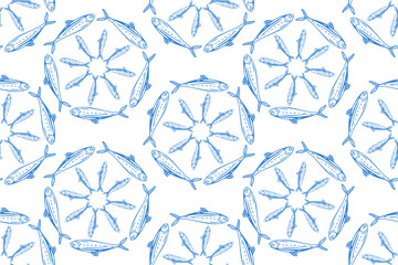 Sardines, fish, seafood, seamless pattern vector illustration, hand drawn sketch