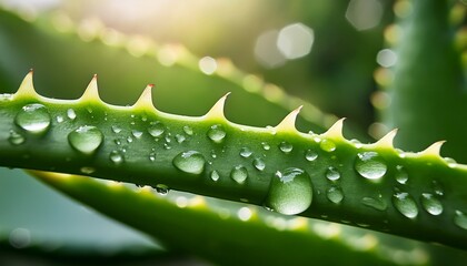 macro shot of green aloe vera leaf with fresh water droplets and serrated edges natural texture and botanical detail in sunlight with bokeh background