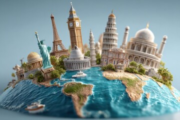 World globe showcases architectural landmarks and ocean with boats