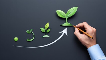 Understanding business growth stages diagram with plant metaphor and upward arrow