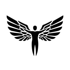 Fototapeta premium Black and white angel illustration on plain background displays a silhouette of person with widespread wings. Angel illustration depicts freedom and protection.
