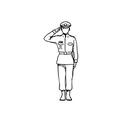 Fototapeta premium Sketch of officer in uniform giving military salute, representing respect and honor. Detailed figure depicts military salute in a clean, simple manner, emphasizing formality and tradition.