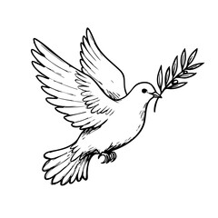 Obraz premium Dove of peace with olive branch symbolizes hope and reconciliation, offering a message of peace. Dove carrying symbolic olive branch in its beak represents harmony and new beginnings,