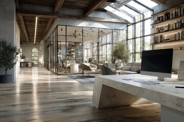 Fototapeta premium Interior view of modern office with lounge area and glass walled work spaces