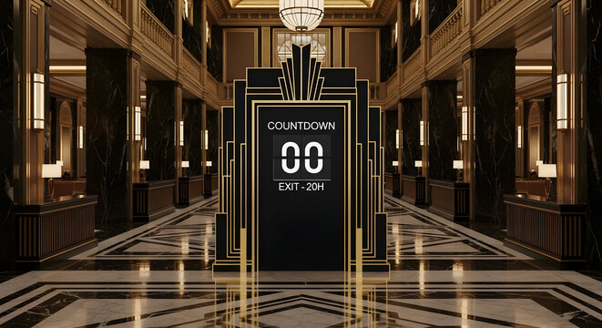 Elegant Countdown Display with Exit Time in an Art Deco Style Lobby