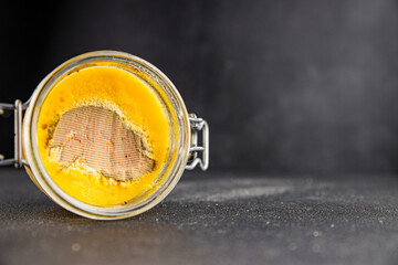 Foie gras goose liver appetizer delicacy fresh delicious gourmet food background on the table rustic food top view copy space