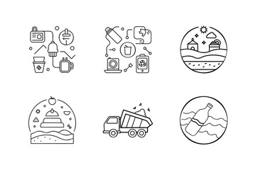  Trash Can Icon. City with clean up crew, waste icon old phone wires, ocean pollution bottle in water, landfill truck dumping load   and  more. Vector illustration