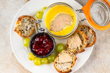 Foie gras goose liver appetizer delicacy fresh delicious gourmet food background on the table rustic food top view copy space