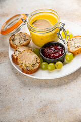 Foie gras goose liver appetizer delicacy fresh delicious gourmet food background on the table rustic food top view copy space