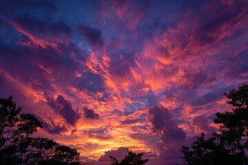 Fototapeta premium Fiery sunset with pink and purple cumulus clouds creating an atmospheric skyscape