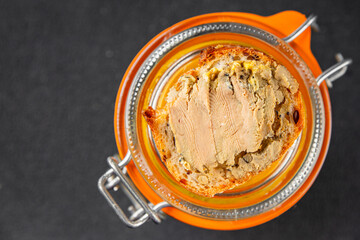 Foie gras goose liver appetizer delicacy fresh delicious gourmet food background on the table rustic food top view copy space