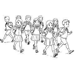 Naklejka premium Children going to school with backpacks, elementary students in black and white. School children together on the way to class, education in monochrome.