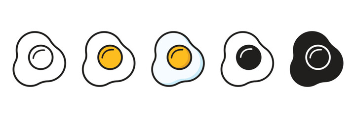 Fried Egg Icon Set:  Five Variations, Line Art, Cartoon Style,  Breakfast Food Graphic, Vector.