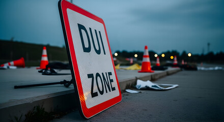 Dui Zone Caution Sign On The Road During Twilight Hours For Safe Driving