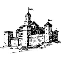 Obraz premium Medieval castle illustration in black and white with turrets and flags blowing in wind, medieval castle is drawn. The medieval castle shows ancient architecture and construction.