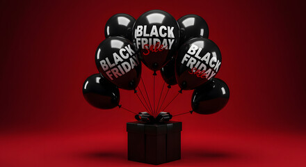 Black friday sale balloons and gift box on red background