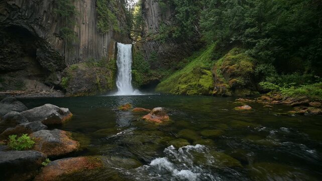 Toketee Falls cascading through basalt cliffs into a forest pool in Oregon, surrounded by greenery