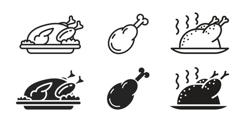 Roasted Chicken Icons: Line Art and Solid Styles, Thanksgiving Dinner Graphics, Festive Food Illustrations