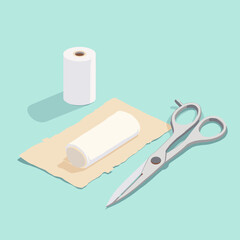 Medical scissors and bandage roll on a clean table in clinical tones  