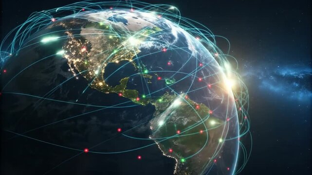 Dynamic global network connecting continents, showcasing technology and connectivity around the world in stunning detail