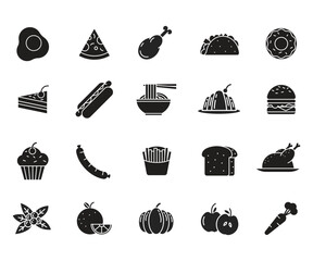 Collection of twenty diverse food icons: simple, black glyph style, flat design, minimalist aesthetic.