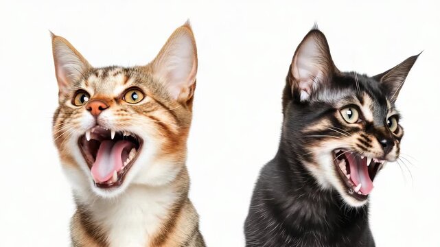 Two tabby cats are centered, isolated on white background. They both have their mouths open, teeth, tongue are showing. One is brown, other is dark colored cat.