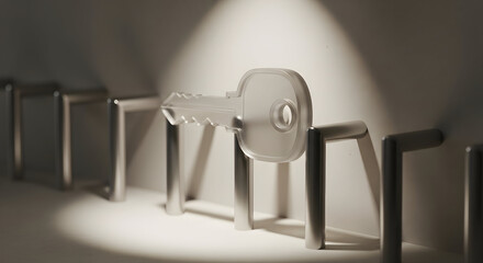 Enigmatic Key Resting On Metallic Frames Under A Spotlight Displaying Security