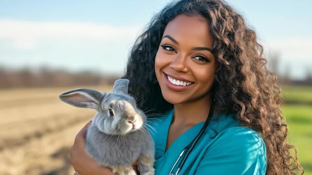 Smiling female veterinarian gently holds gray rabbit in bright outdoor setting. She wears medical attire with stethoscope around her neck, reflecting care, animal health.