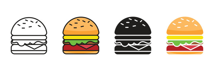 Delicious Burger Icons:  Four Styles, Line Art, Colorful, Black and Silhouette, for Vector.