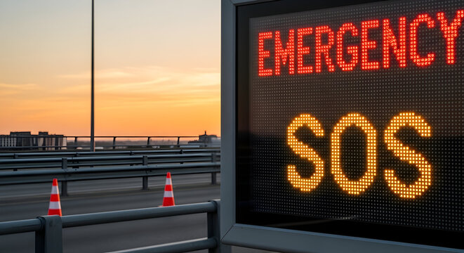 Emergency Sign Displaying S O S Message On Highway At Sunset