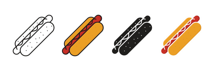 Hot Dog Icon Set: Line Art, Filled, and Silhouette Styles for Vector.