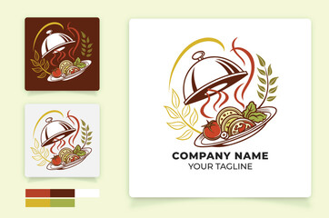 restaurant logo Italian food pasta with serving dish illustration 
