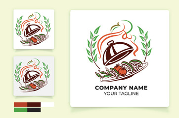 

restaurant food service logo with healthy organic food illustration vector art
