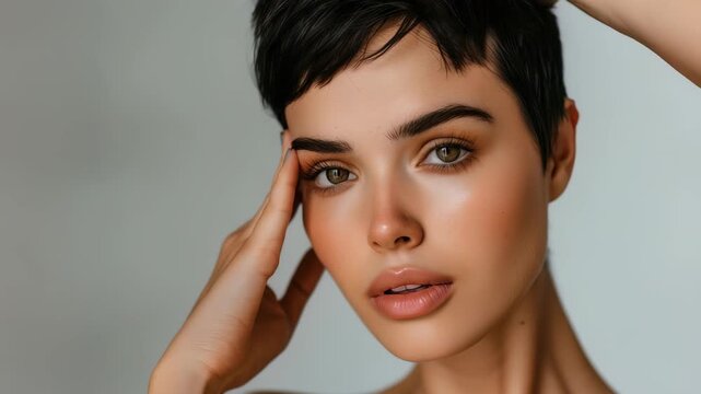 Close-up studio shot young woman with flawless skin, short, dark pixie cut. She gazes directly at camera, accentuating her natural features. Soft, even lighting highlights her beauty.