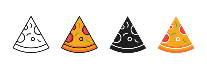 Pizza Slice Icons:  Four Styles &ndash; Line Art, Color, Black, and Filled Color, Vector.