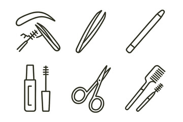 Naklejka premium Eyebrow grooming tools: scissors, tweezers, pencil, mascara, comb, brush set